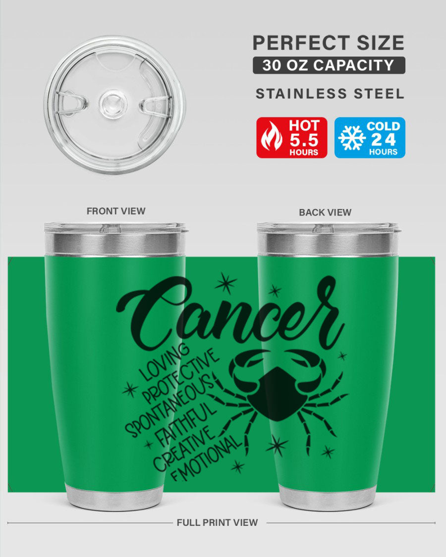 Cancer 151# Zodiac Tumbler in stainless steel with a vibrant design, showcasing its double wall vacuum insulation and drink-thru lid.