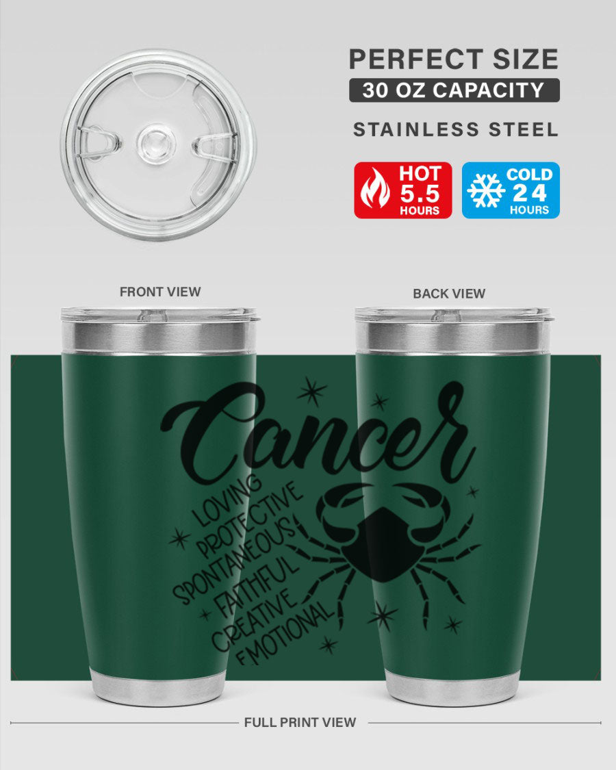 Cancer 151# Zodiac Tumbler in stainless steel with a vibrant design, showcasing its double wall vacuum insulation and drink-thru lid.