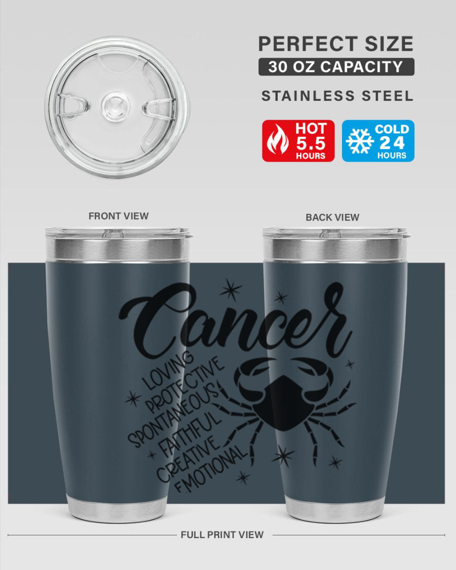 Cancer 151# Zodiac Tumbler in stainless steel with a vibrant design, showcasing its double wall vacuum insulation and drink-thru lid.