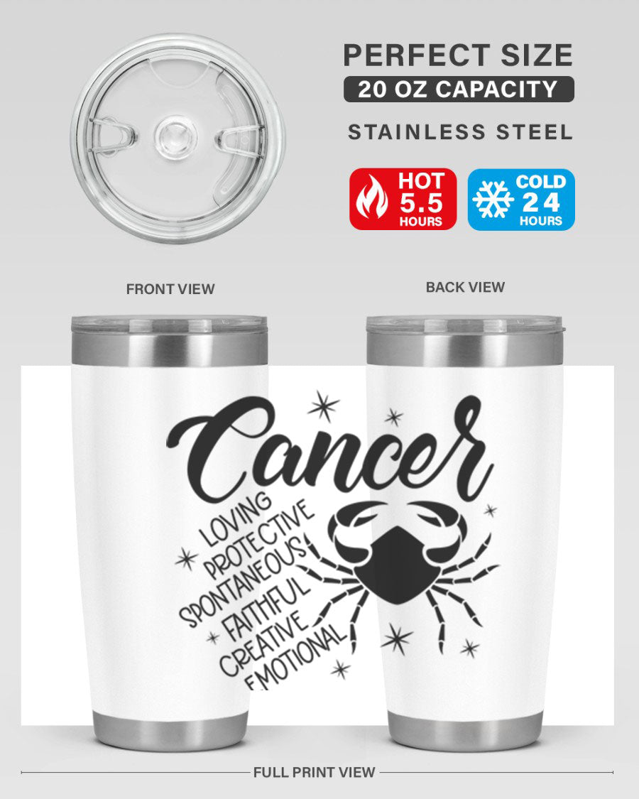 Cancer 151# Zodiac Tumbler in stainless steel with a vibrant design, showcasing its double wall vacuum insulation and drink-thru lid.