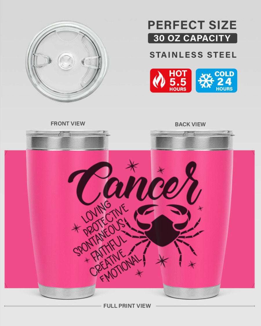 Cancer 151# Zodiac Tumbler in stainless steel with a vibrant design, showcasing its double wall vacuum insulation and drink-thru lid.