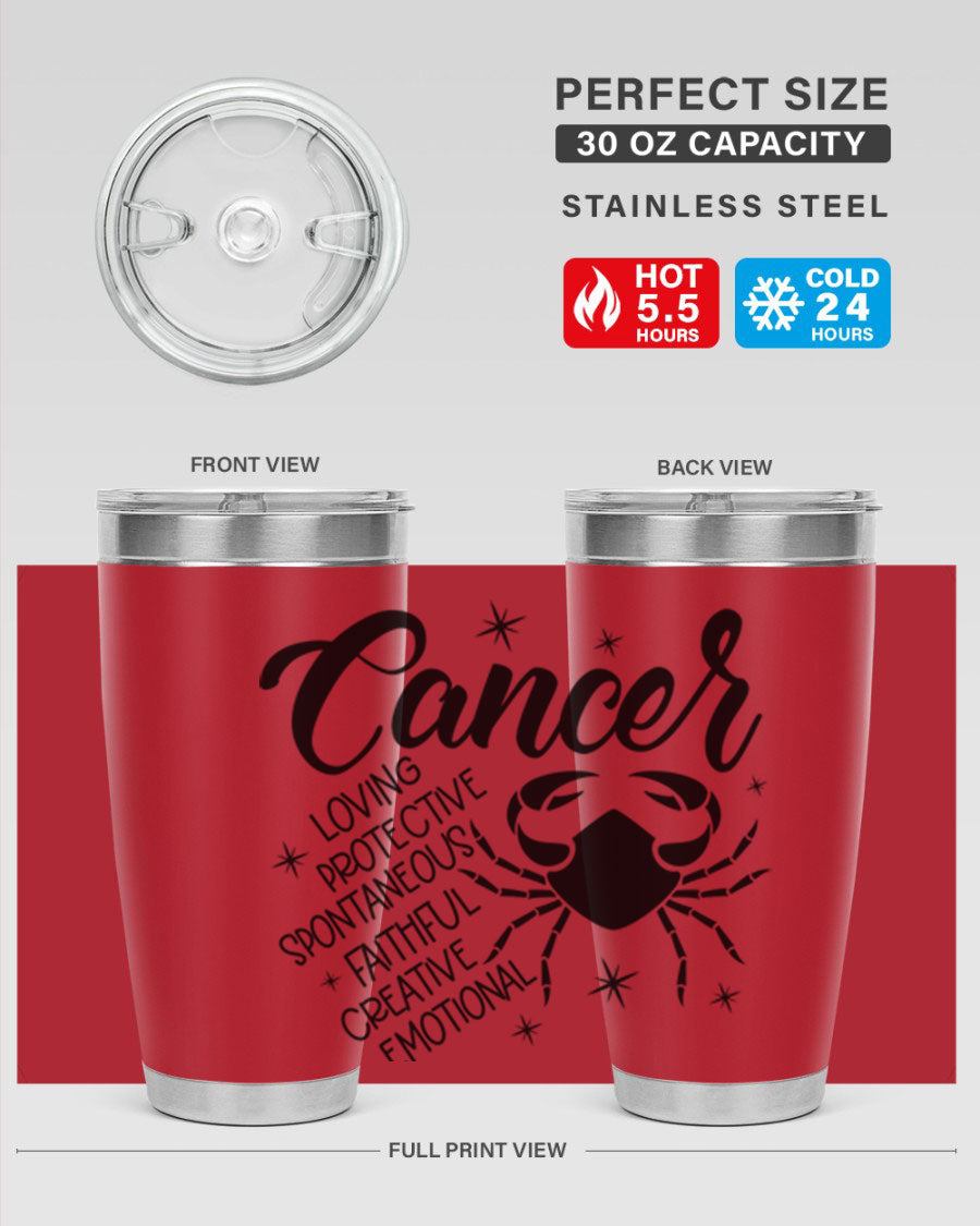 Cancer 151# Zodiac Tumbler in stainless steel with a vibrant design, showcasing its double wall vacuum insulation and drink-thru lid.