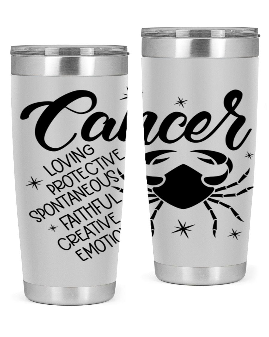 Cancer 151# Zodiac Tumbler in stainless steel with a vibrant design, showcasing its double wall vacuum insulation and drink-thru lid.