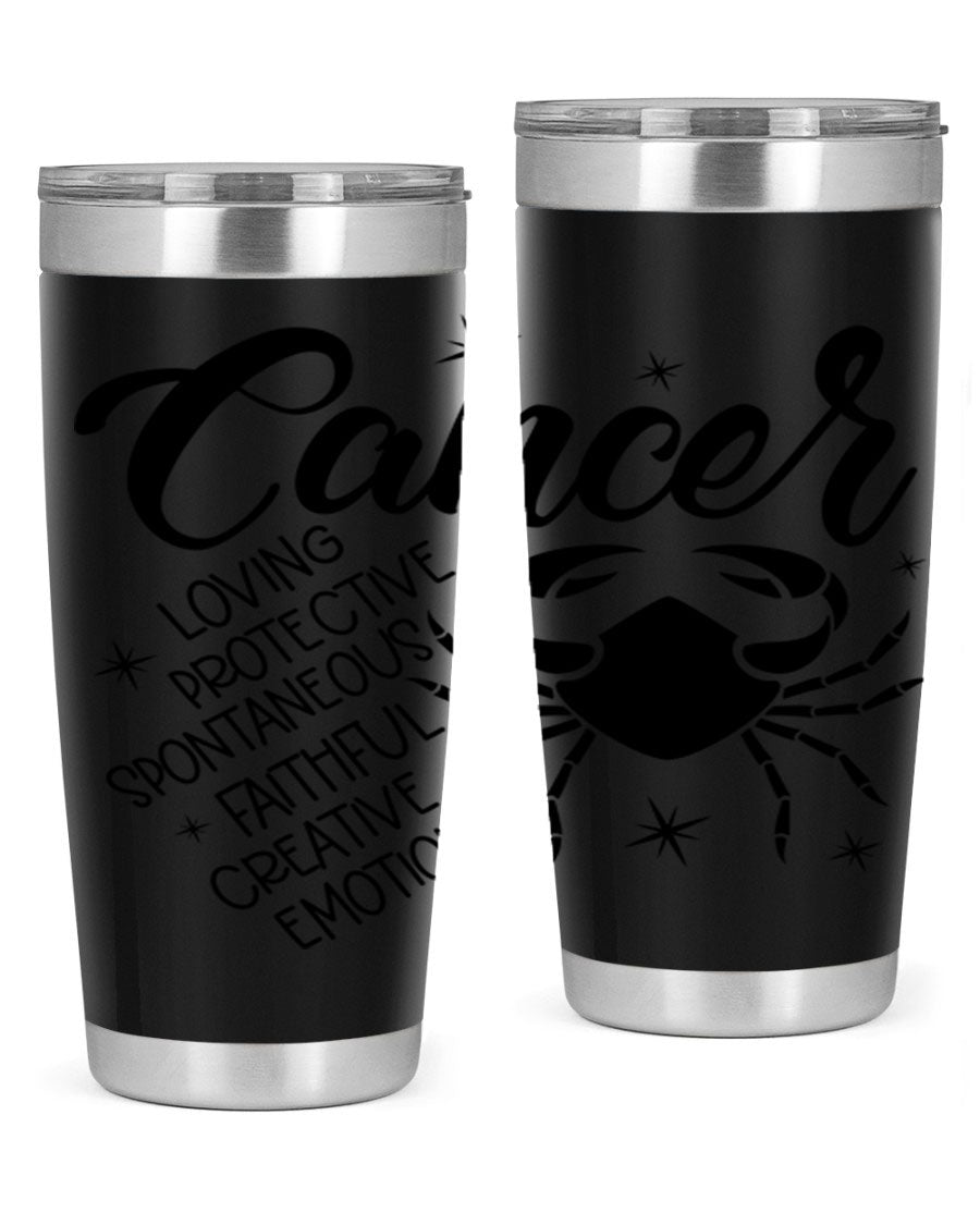 Cancer 151# Zodiac Tumbler in stainless steel with a vibrant design, showcasing its double wall vacuum insulation and drink-thru lid.