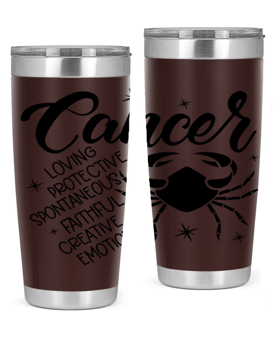 Cancer 151# Zodiac Tumbler in stainless steel with a vibrant design, showcasing its double wall vacuum insulation and drink-thru lid.