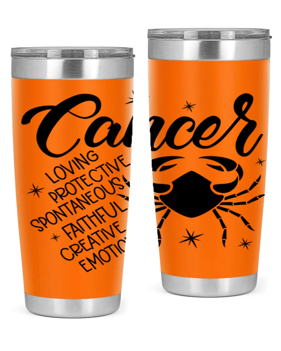 Cancer 151# Zodiac Tumbler in stainless steel with a vibrant design, showcasing its double wall vacuum insulation and drink-thru lid.