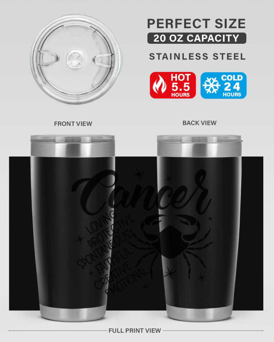 Cancer 151# Zodiac Tumbler in stainless steel with a vibrant design, showcasing its double wall vacuum insulation and drink-thru lid.