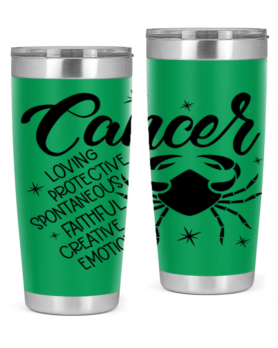 Cancer 151# Zodiac Tumbler in stainless steel with a vibrant design, showcasing its double wall vacuum insulation and drink-thru lid.