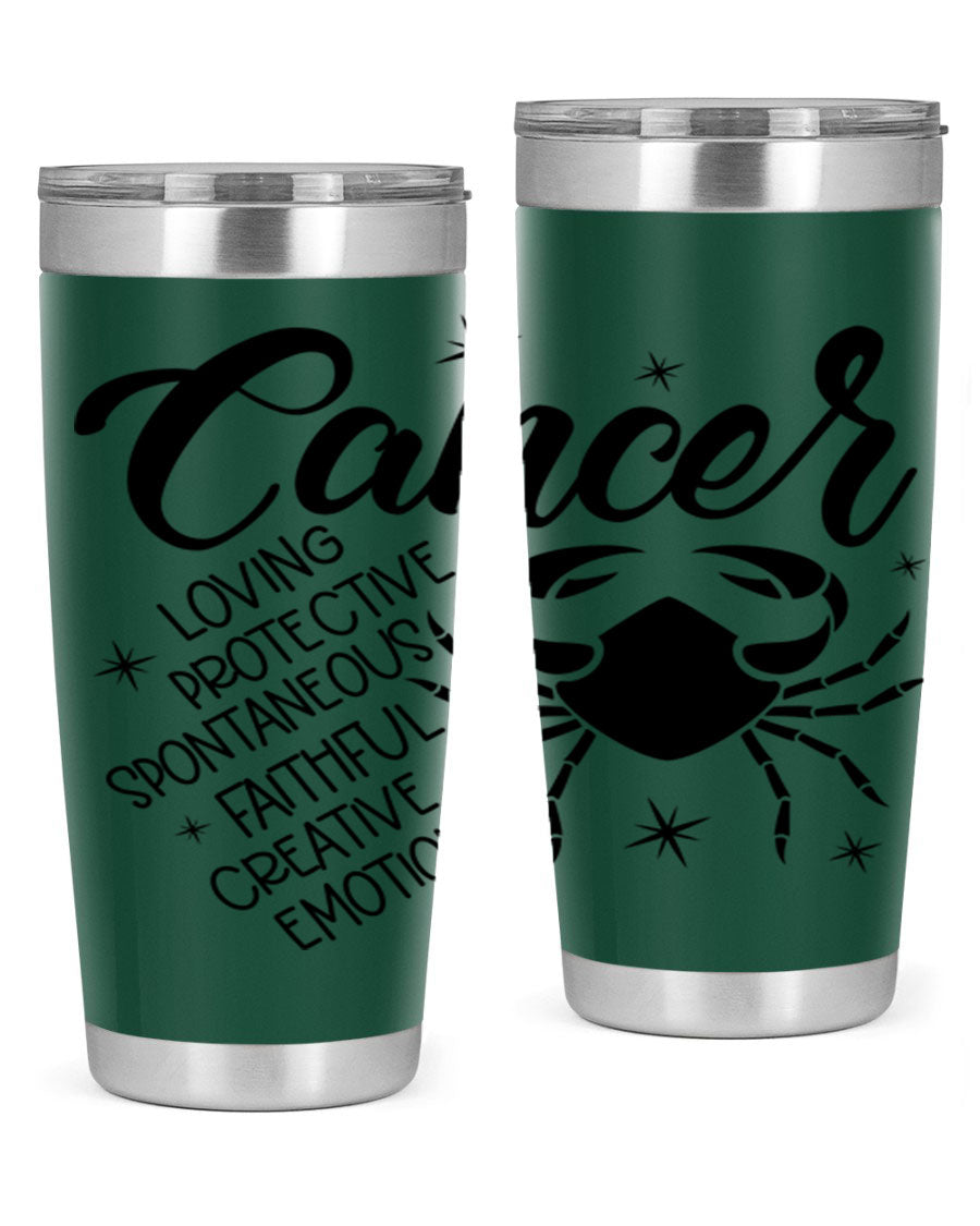 Cancer 151# Zodiac Tumbler in stainless steel with a vibrant design, showcasing its double wall vacuum insulation and drink-thru lid.