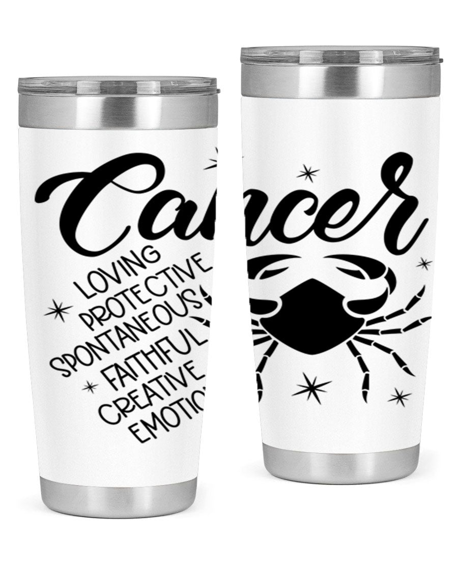 Cancer 151# Zodiac Tumbler in stainless steel with a vibrant design, showcasing its double wall vacuum insulation and drink-thru lid.