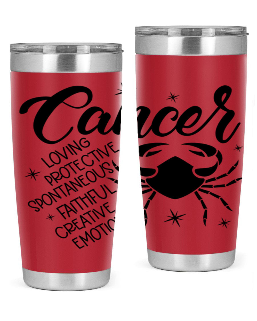 Cancer 151# Zodiac Tumbler in stainless steel with a vibrant design, showcasing its double wall vacuum insulation and drink-thru lid.