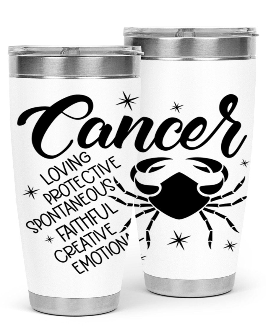 Cancer 151# Zodiac Tumbler in stainless steel with a vibrant design, showcasing its double wall vacuum insulation and drink-thru lid.