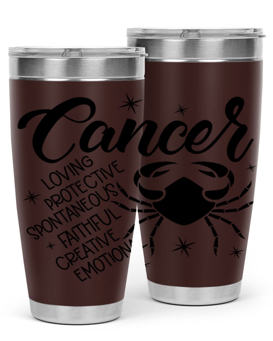 Cancer 151# Zodiac Tumbler in stainless steel with a vibrant design, showcasing its double wall vacuum insulation and drink-thru lid.