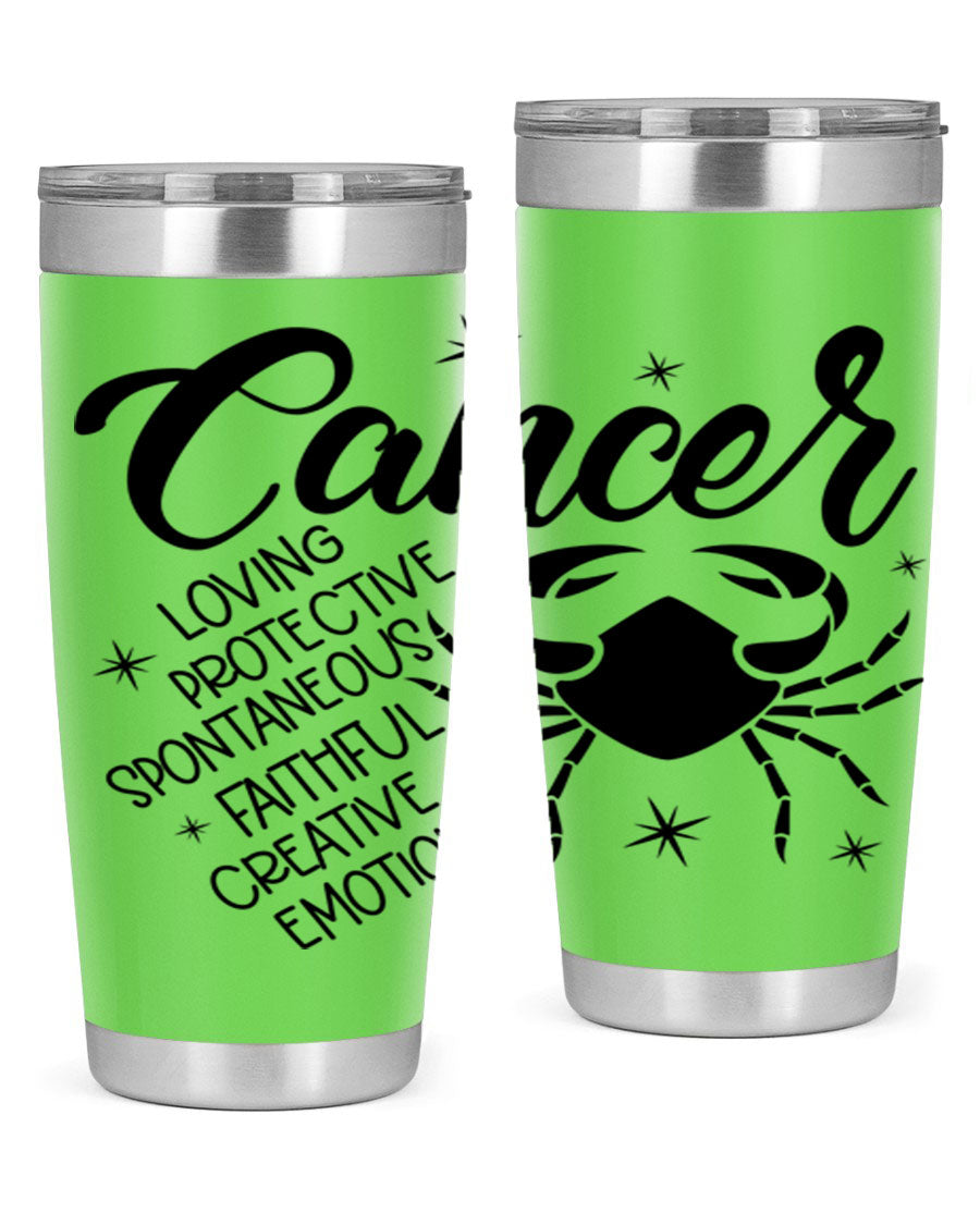 Cancer 151# Zodiac Tumbler in stainless steel with a vibrant design, showcasing its double wall vacuum insulation and drink-thru lid.