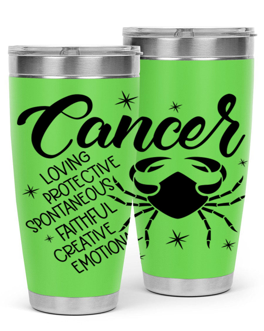 Cancer 151# Zodiac Tumbler in stainless steel with a vibrant design, showcasing its double wall vacuum insulation and drink-thru lid.