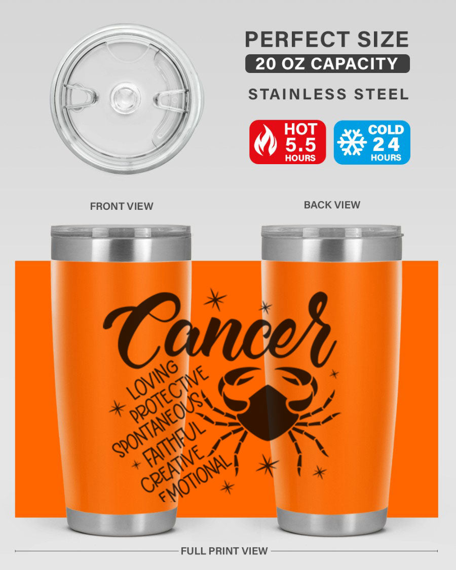 Cancer 151# Zodiac Tumbler in stainless steel with a vibrant design, showcasing its double wall vacuum insulation and drink-thru lid.