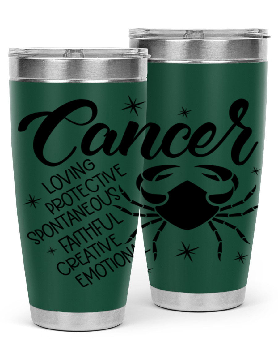 Cancer 151# Zodiac Tumbler in stainless steel with a vibrant design, showcasing its double wall vacuum insulation and drink-thru lid.