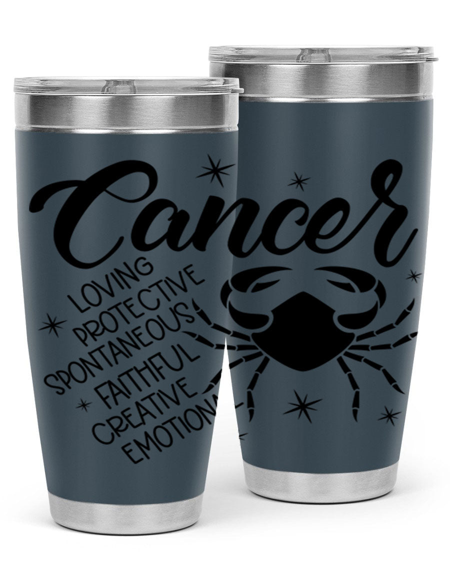 Cancer 151# Zodiac Tumbler in stainless steel with a vibrant design, showcasing its double wall vacuum insulation and drink-thru lid.