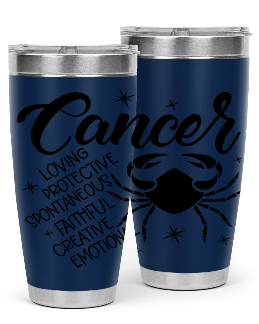 Cancer 151# Zodiac Tumbler in stainless steel with a vibrant design, showcasing its double wall vacuum insulation and drink-thru lid.