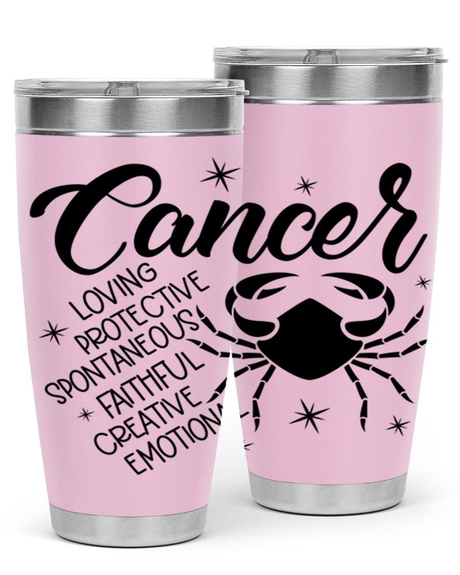 Cancer 151# Zodiac Tumbler in stainless steel with a vibrant design, showcasing its double wall vacuum insulation and drink-thru lid.