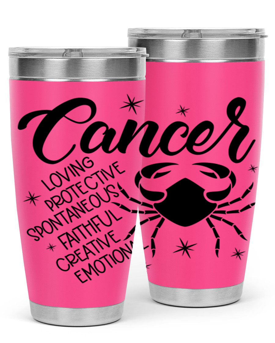 Cancer 151# Zodiac Tumbler in stainless steel with a vibrant design, showcasing its double wall vacuum insulation and drink-thru lid.