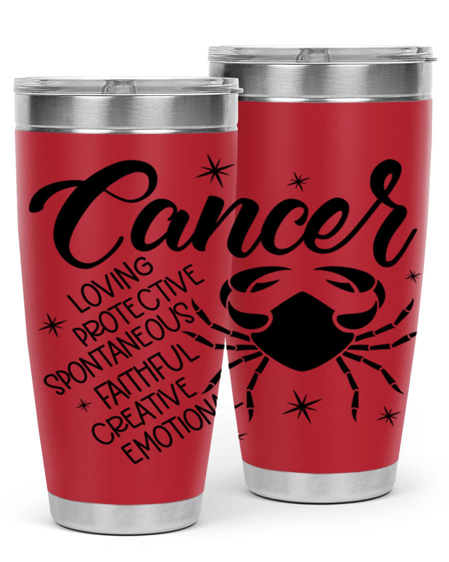 Cancer 151# Zodiac Tumbler in stainless steel with a vibrant design, showcasing its double wall vacuum insulation and drink-thru lid.