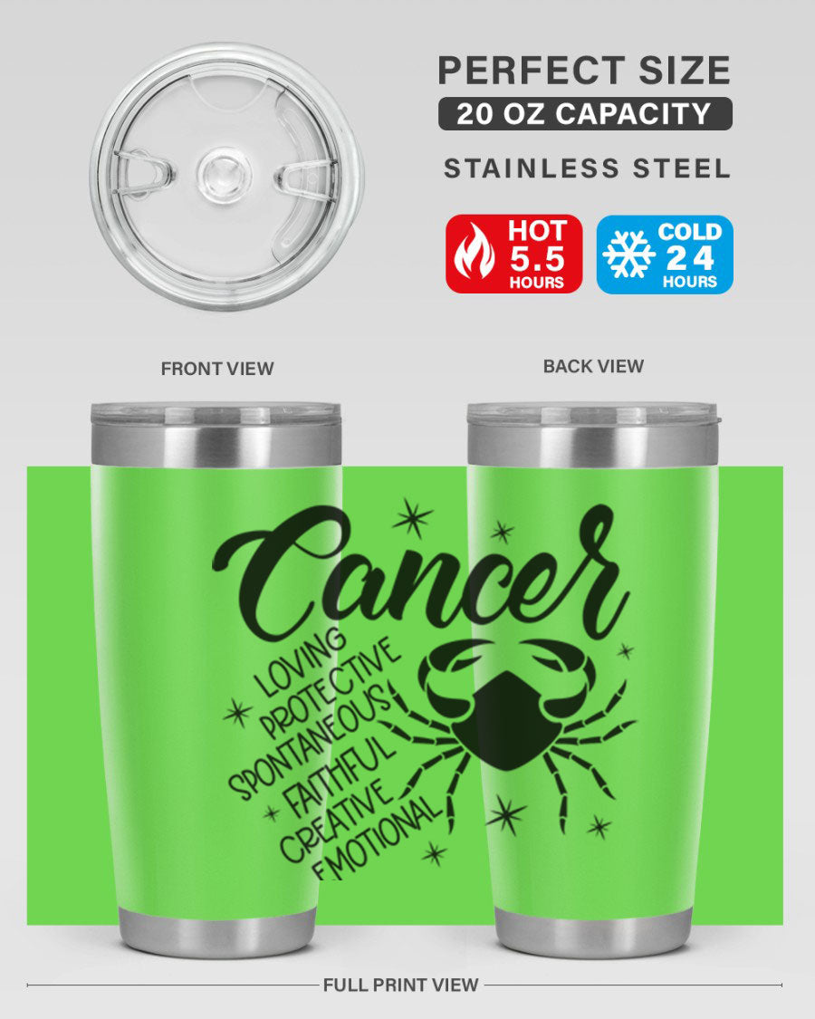 Cancer 151# Zodiac Tumbler in stainless steel with a vibrant design, showcasing its double wall vacuum insulation and drink-thru lid.