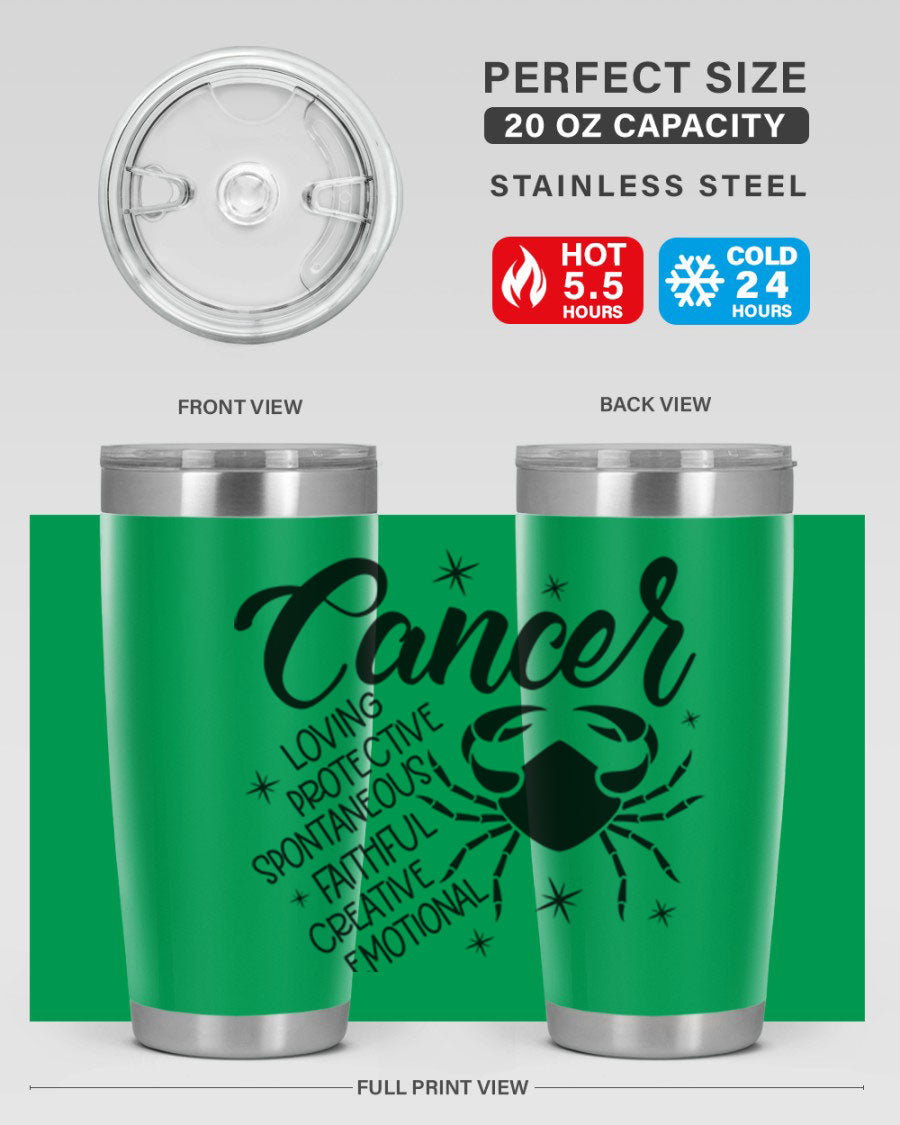 Cancer 151# Zodiac Tumbler in stainless steel with a vibrant design, showcasing its double wall vacuum insulation and drink-thru lid.