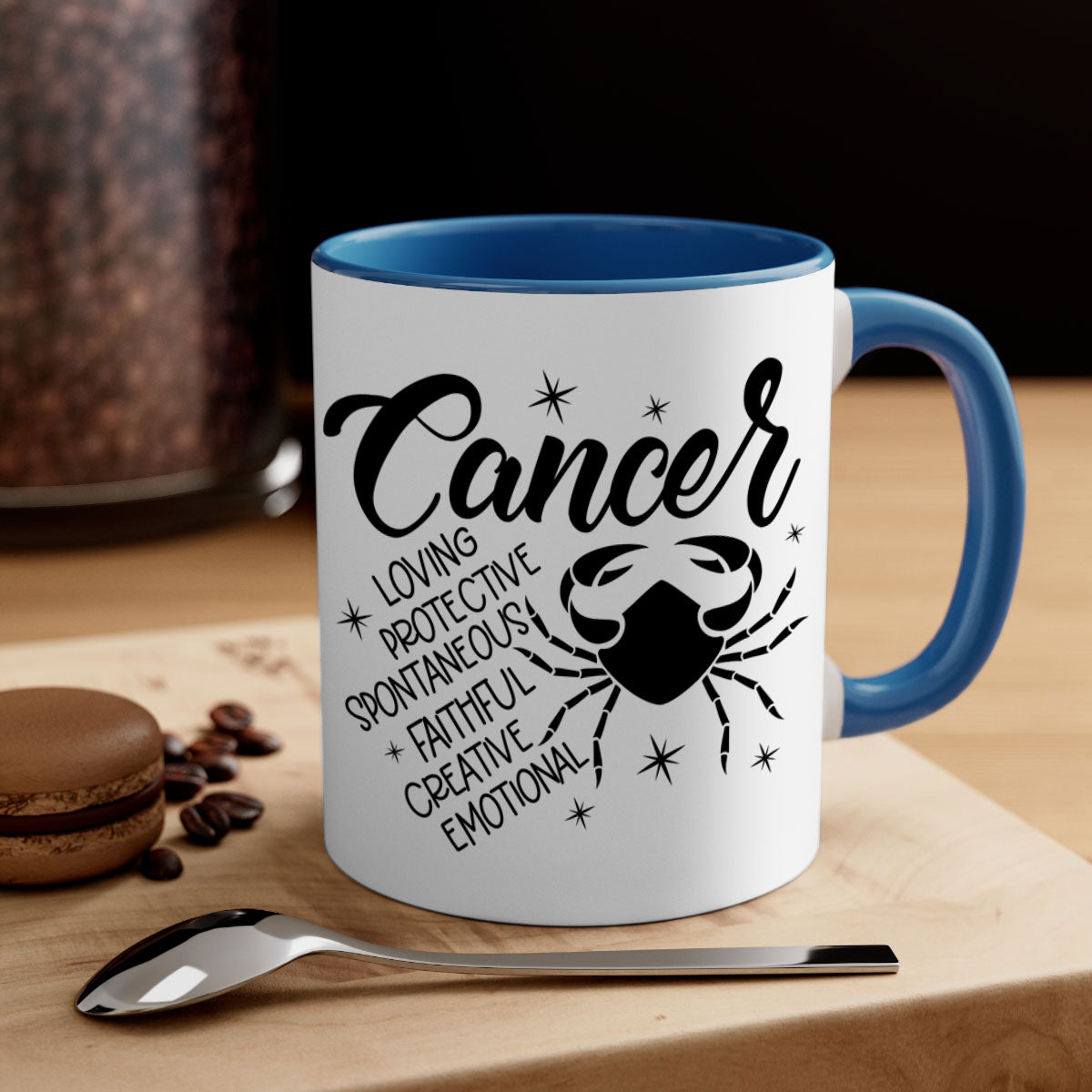 Cancer 151# zodiac mug with colored handle and glossy finish, available in multiple colors and sizes.