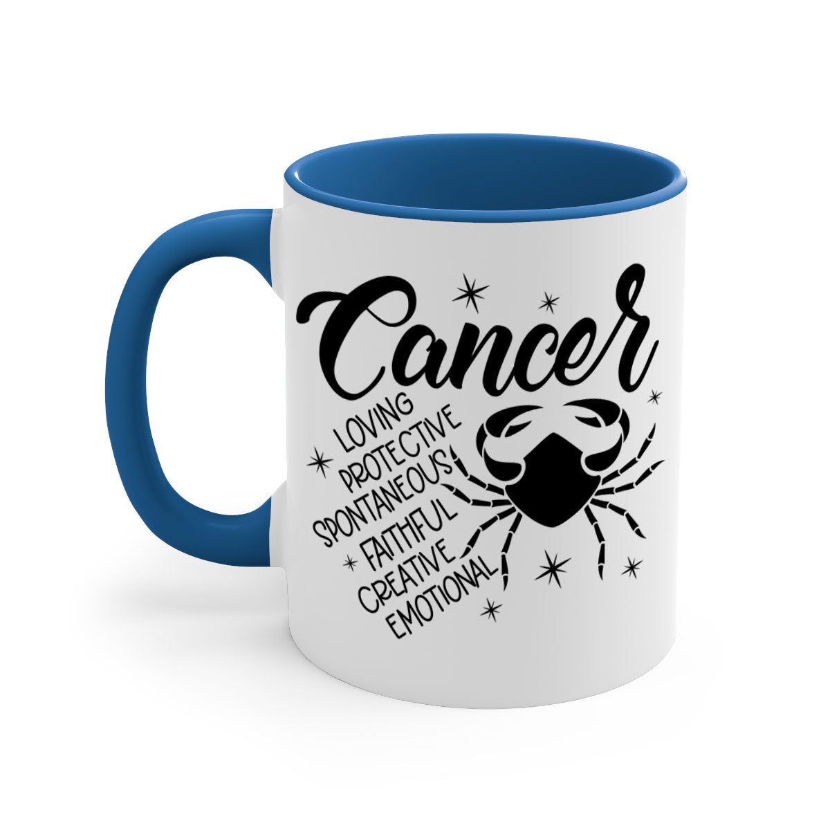 Cancer 151# zodiac mug with colored handle and glossy finish, available in multiple colors and sizes.