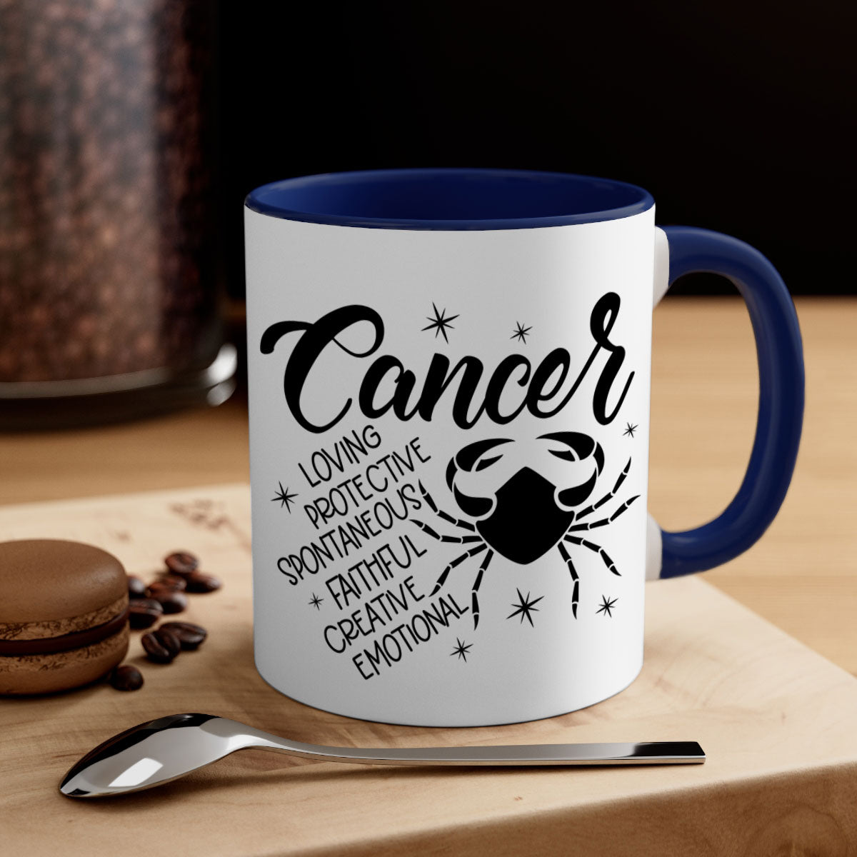 Cancer 151# zodiac mug with colored handle and glossy finish, available in multiple colors and sizes.