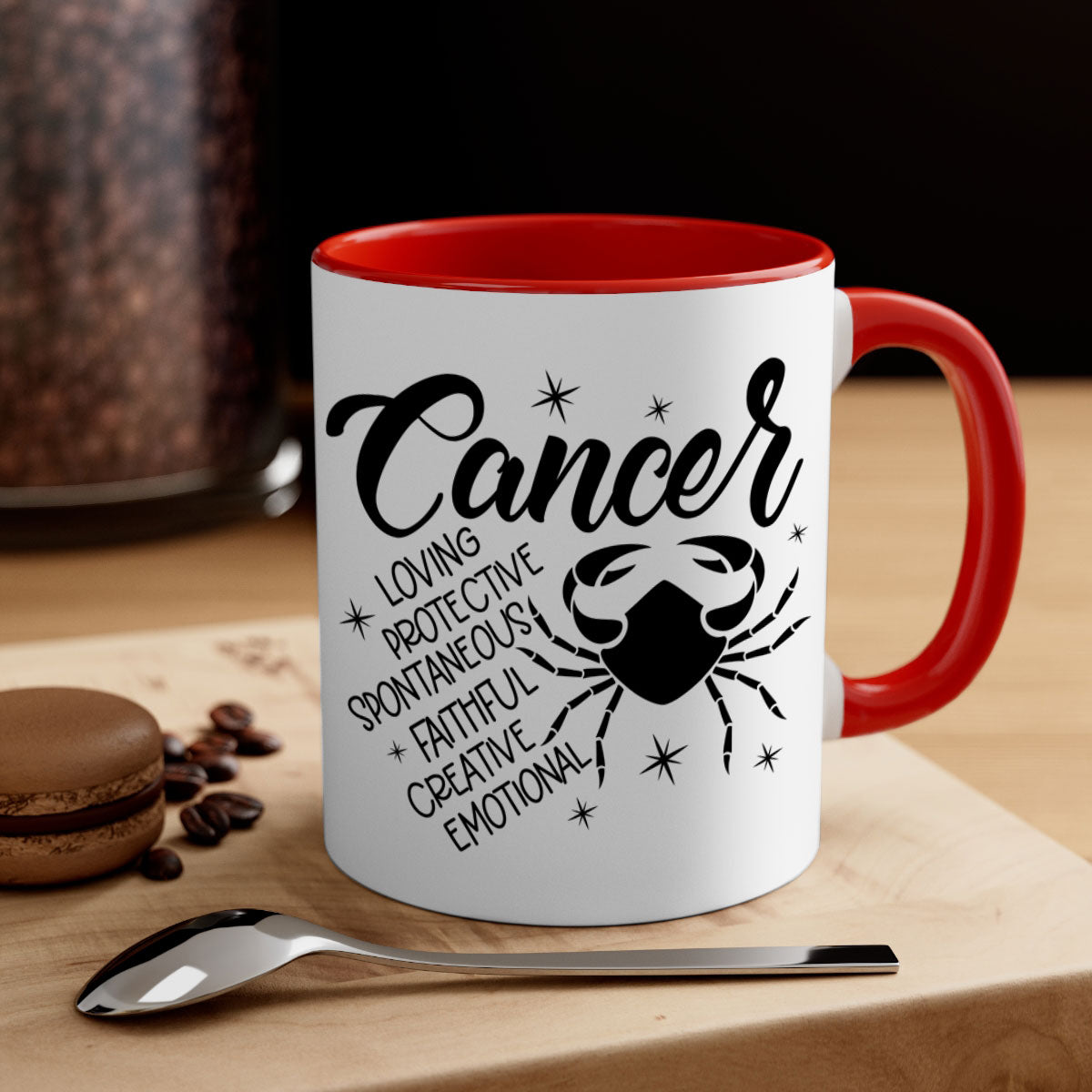 Cancer 151# zodiac mug with colored handle and glossy finish, available in multiple colors and sizes.