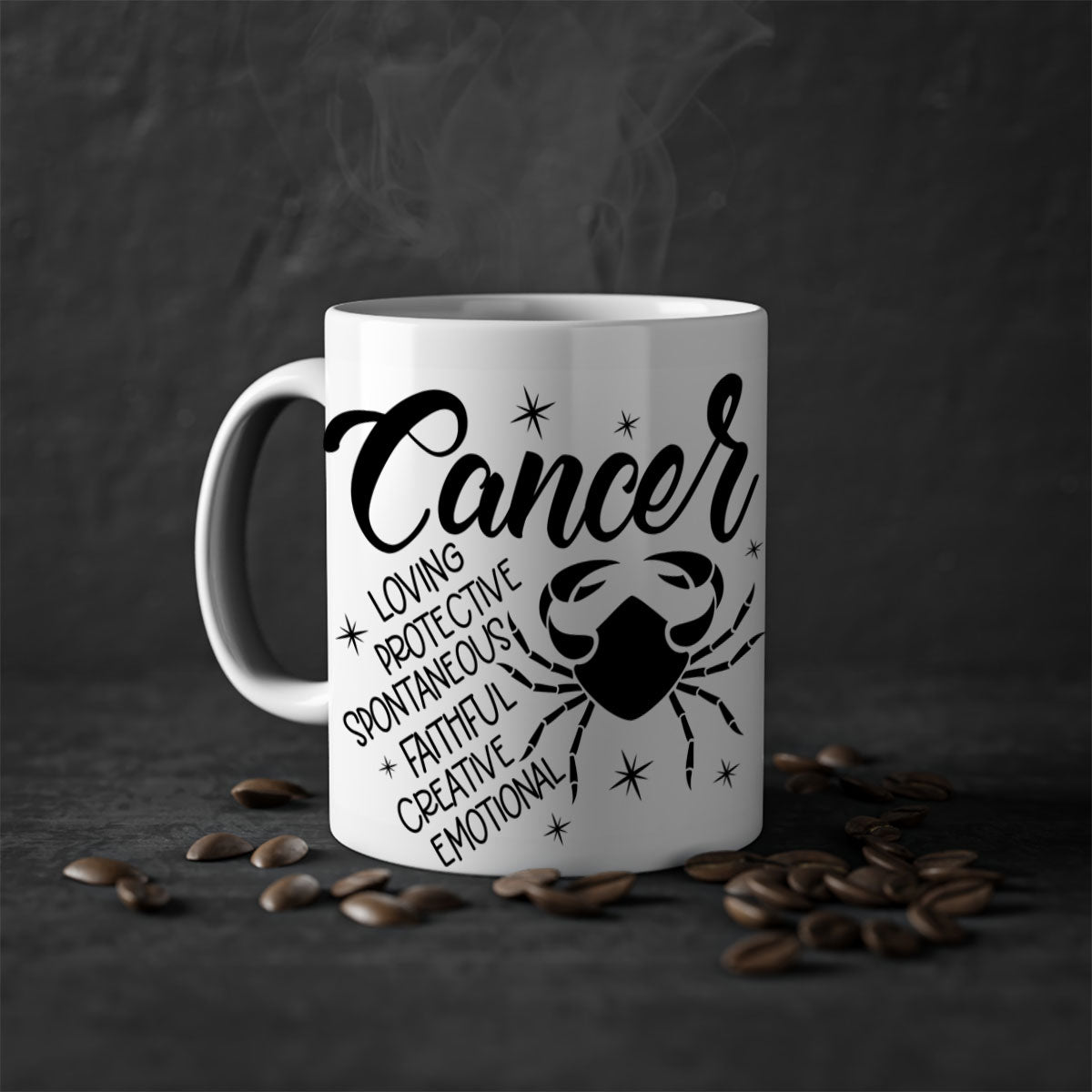 Cancer 151# zodiac mug with colored handle and glossy finish, available in multiple colors and sizes.