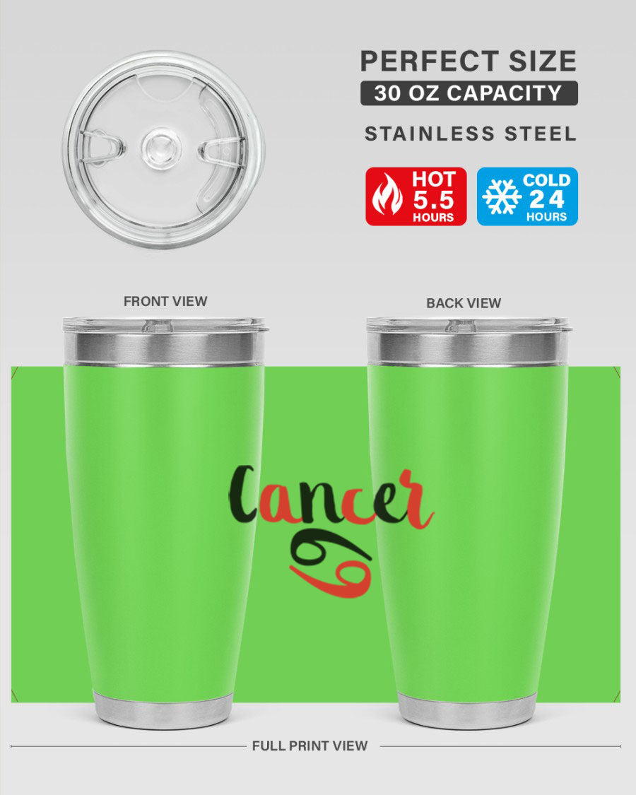 Cancer 152# Tumbler in stainless steel with a vibrant zodiac design, showcasing its double wall vacuum insulation and drink-thru lid.