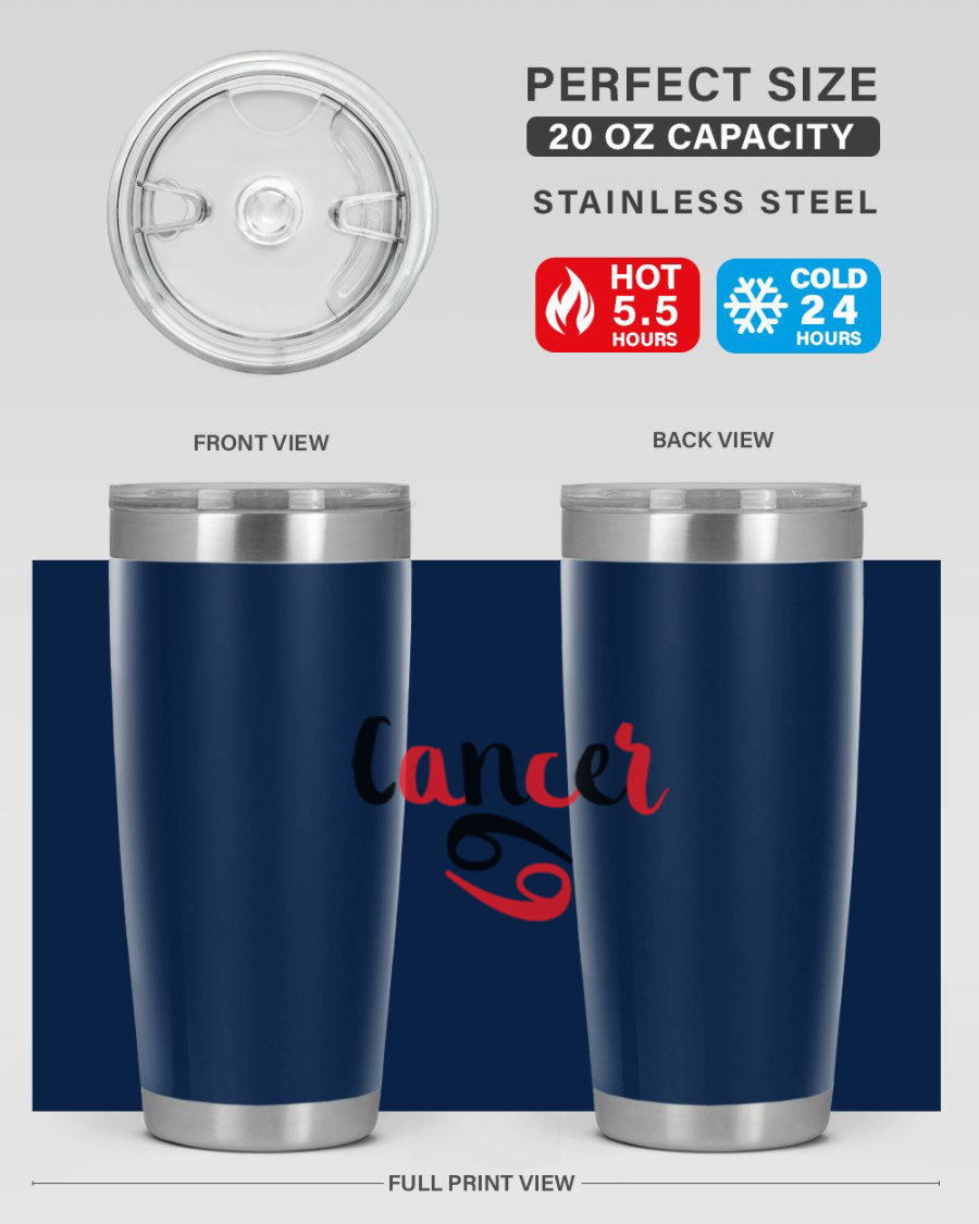 Cancer 152# Tumbler in stainless steel with a vibrant zodiac design, showcasing its double wall vacuum insulation and drink-thru lid.