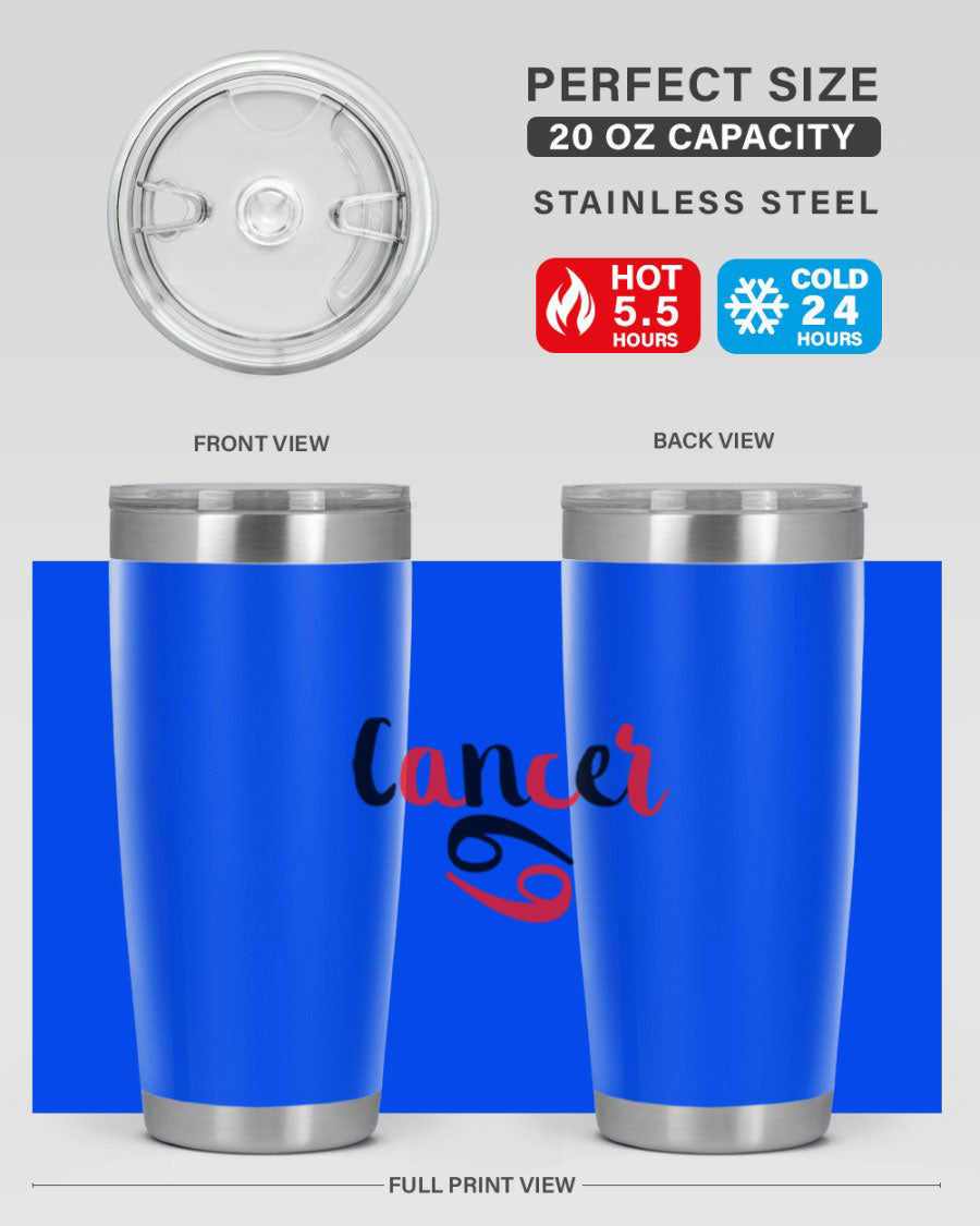 Cancer 152# Tumbler in stainless steel with a vibrant zodiac design, showcasing its double wall vacuum insulation and drink-thru lid.