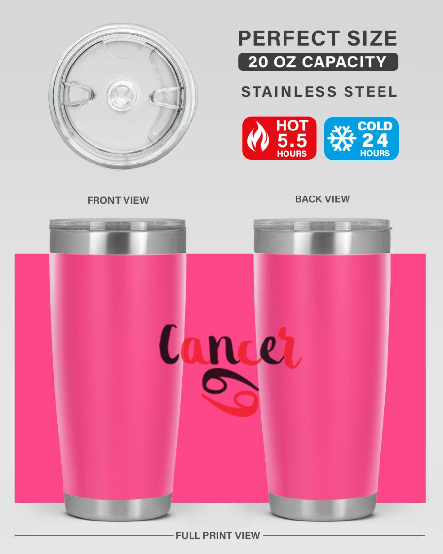 Cancer 152# Tumbler in stainless steel with a vibrant zodiac design, showcasing its double wall vacuum insulation and drink-thru lid.