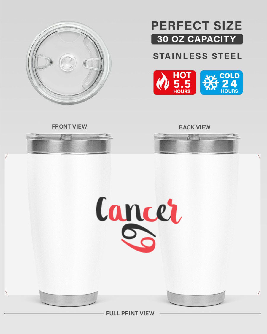 Cancer 152# Tumbler in stainless steel with a vibrant zodiac design, showcasing its double wall vacuum insulation and drink-thru lid.