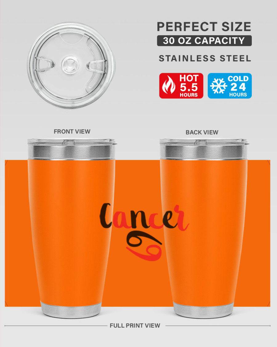 Cancer 152# Tumbler in stainless steel with a vibrant zodiac design, showcasing its double wall vacuum insulation and drink-thru lid.