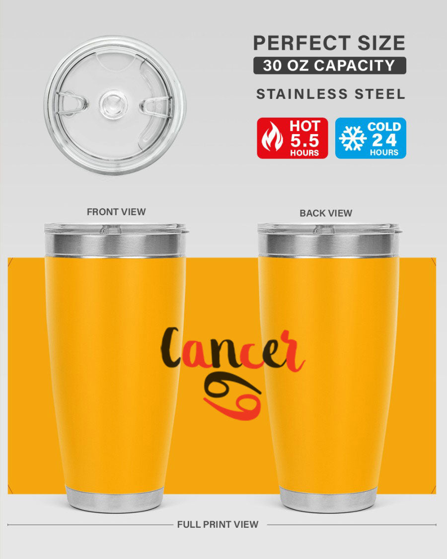 Cancer 152# Tumbler in stainless steel with a vibrant zodiac design, showcasing its double wall vacuum insulation and drink-thru lid.