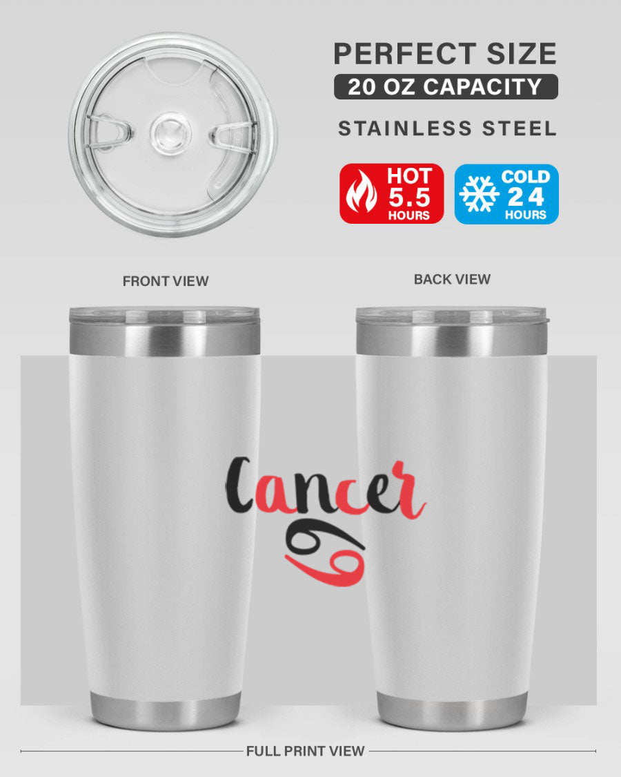 Cancer 152# Tumbler in stainless steel with a vibrant zodiac design, showcasing its double wall vacuum insulation and drink-thru lid.