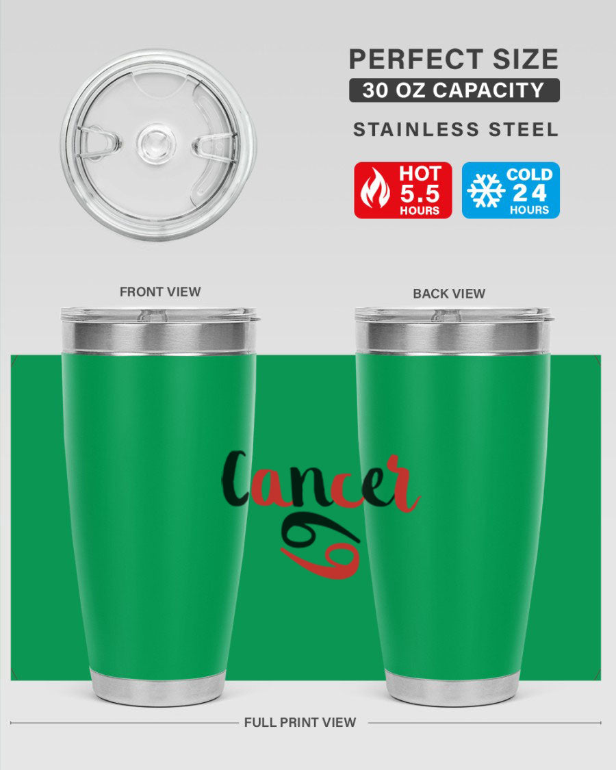 Cancer 152# Tumbler in stainless steel with a vibrant zodiac design, showcasing its double wall vacuum insulation and drink-thru lid.