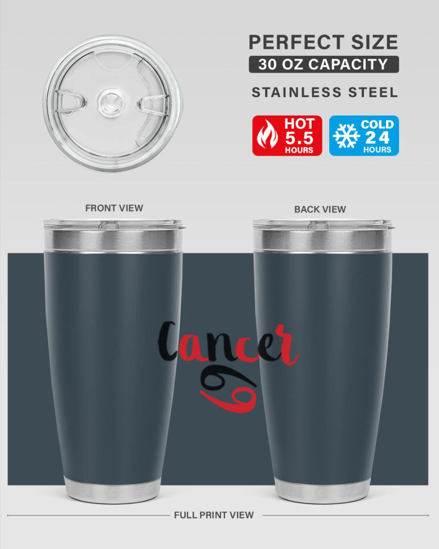 Cancer 152# Tumbler in stainless steel with a vibrant zodiac design, showcasing its double wall vacuum insulation and drink-thru lid.