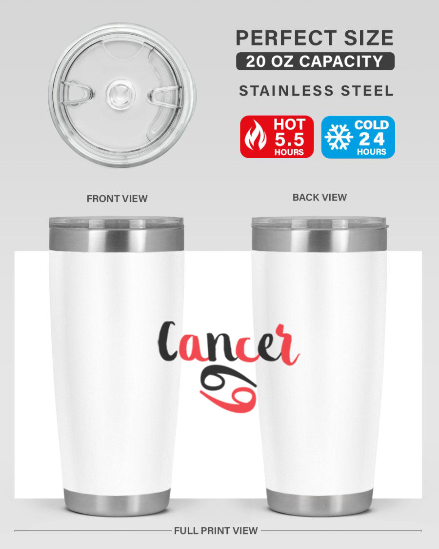 Cancer 152# Tumbler in stainless steel with a vibrant zodiac design, showcasing its double wall vacuum insulation and drink-thru lid.