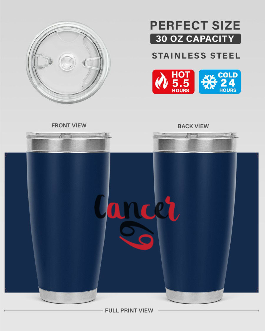 Cancer 152# Tumbler in stainless steel with a vibrant zodiac design, showcasing its double wall vacuum insulation and drink-thru lid.