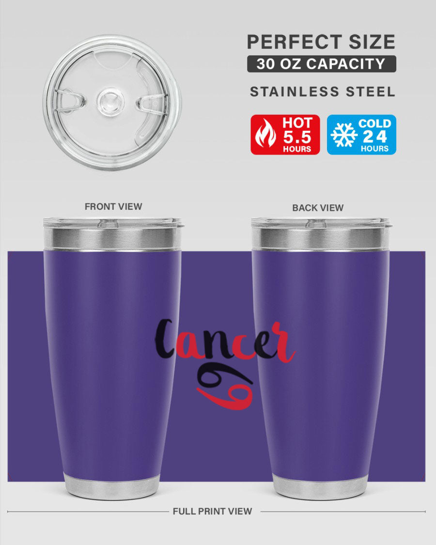 Cancer 152# Tumbler in stainless steel with a vibrant zodiac design, showcasing its double wall vacuum insulation and drink-thru lid.