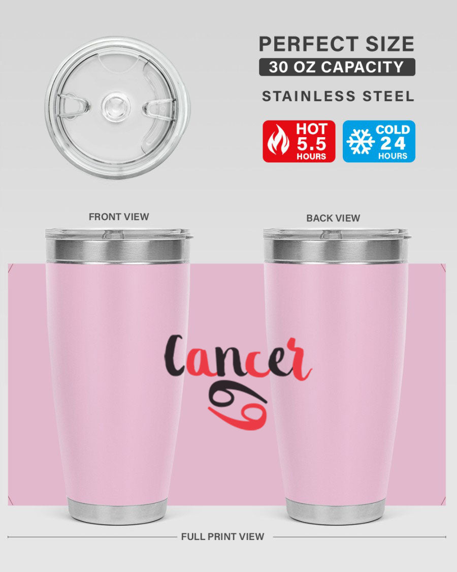 Cancer 152# Tumbler in stainless steel with a vibrant zodiac design, showcasing its double wall vacuum insulation and drink-thru lid.