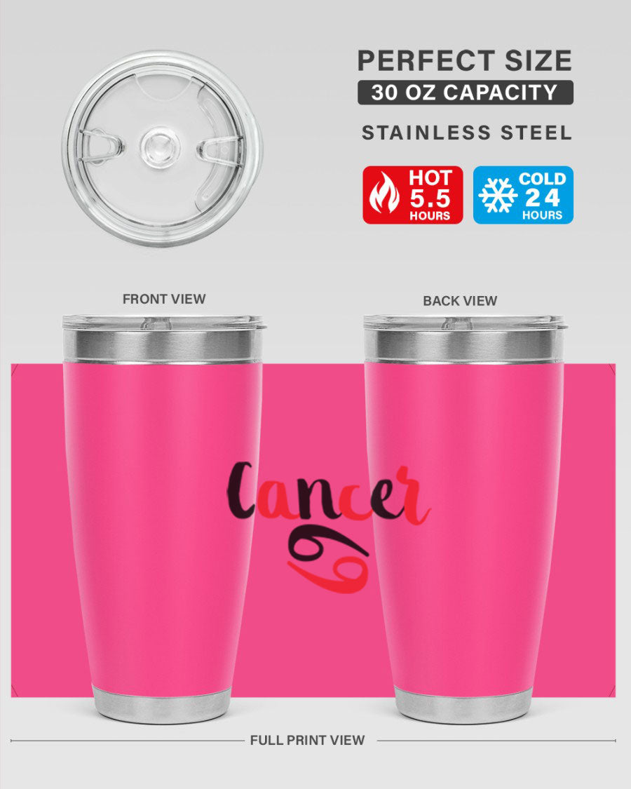 Cancer 152# Tumbler in stainless steel with a vibrant zodiac design, showcasing its double wall vacuum insulation and drink-thru lid.