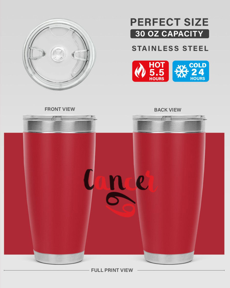 Cancer 152# Tumbler in stainless steel with a vibrant zodiac design, showcasing its double wall vacuum insulation and drink-thru lid.