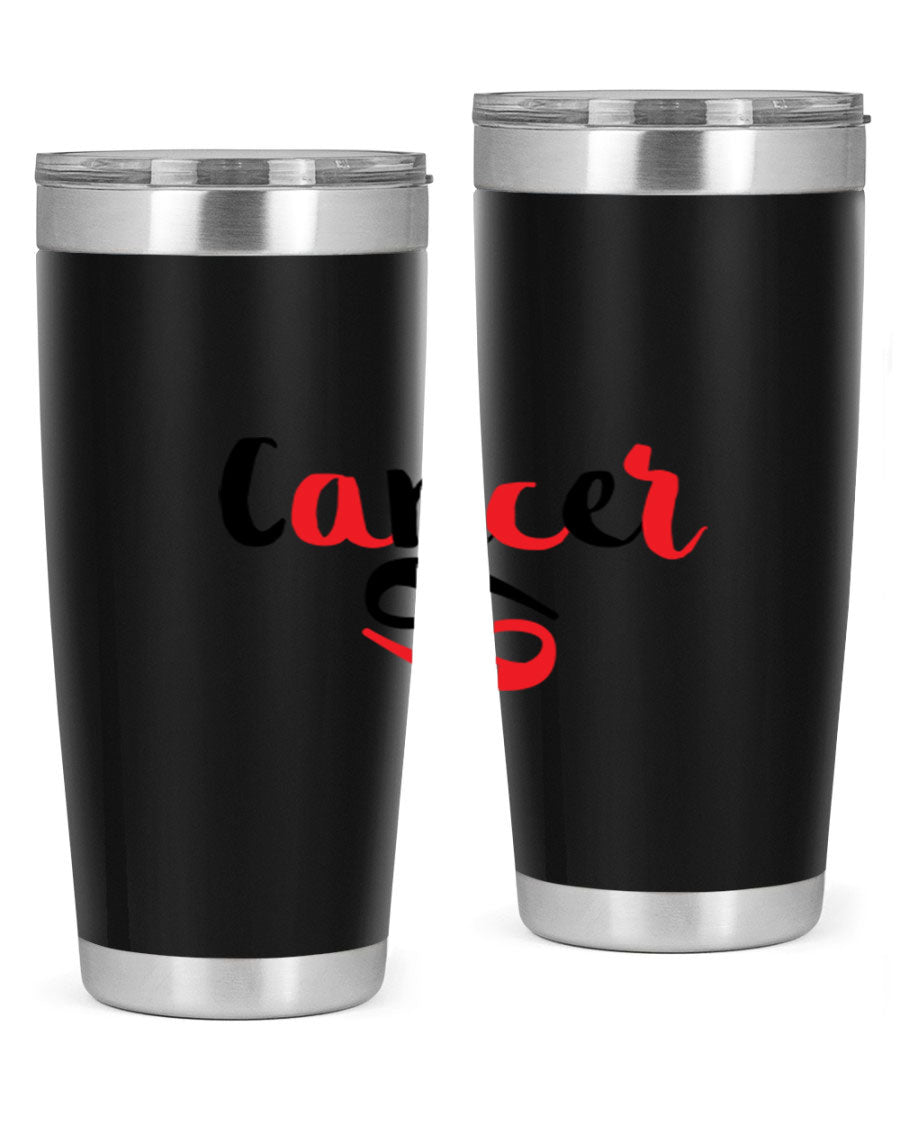 Cancer 152# Tumbler in stainless steel with a vibrant zodiac design, showcasing its double wall vacuum insulation and drink-thru lid.